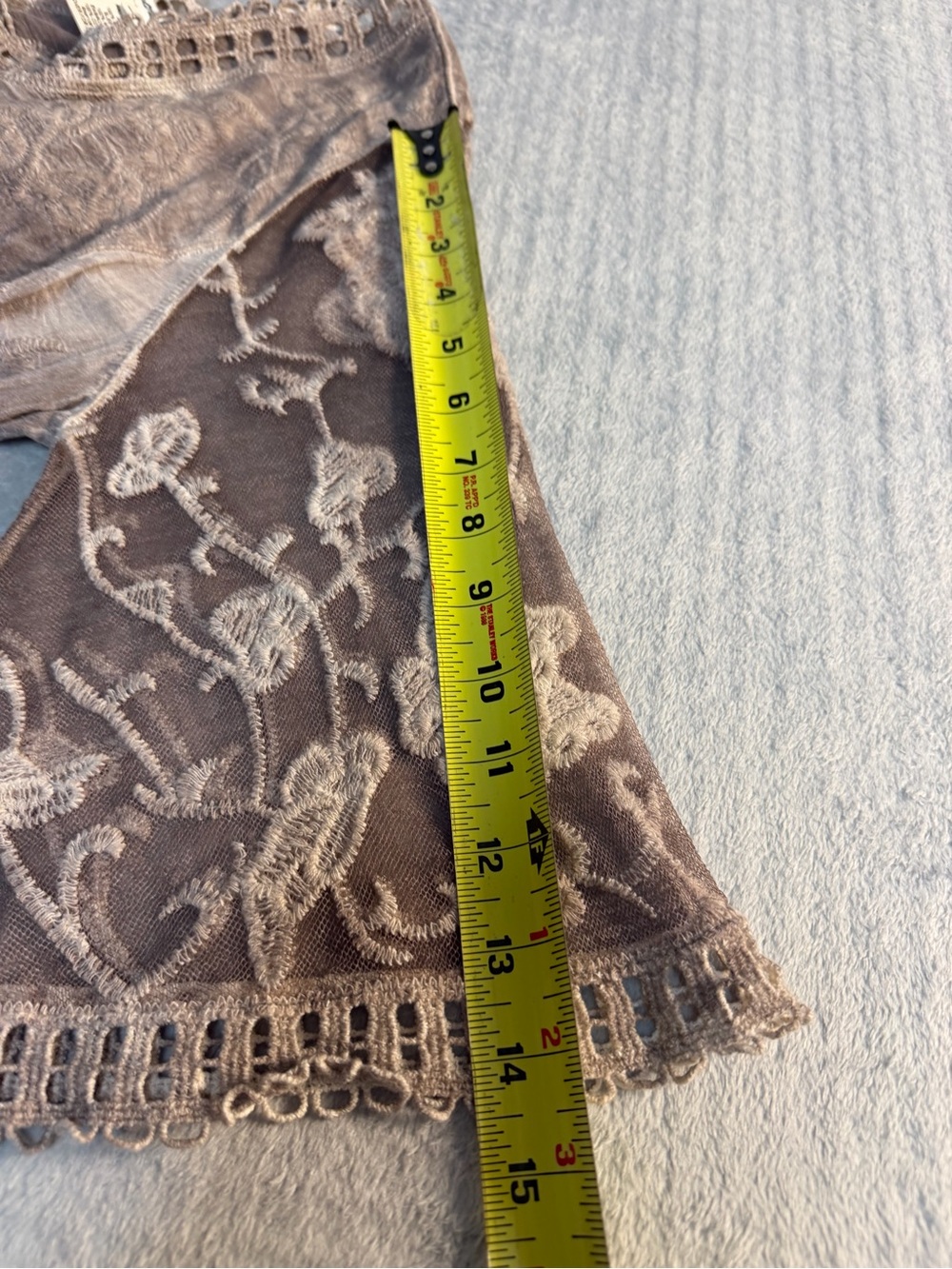 Embroidered Boho Peplum Top S Taupe Lace Mesh Cottagecore - Picture 10 of 12